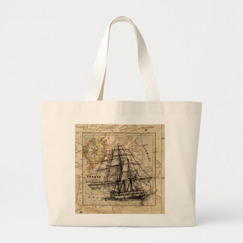 Vintage Sailing Ship and Old European Map Large Tote Bag
