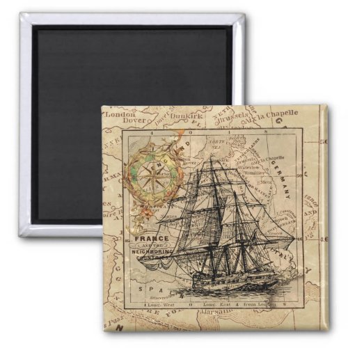 Vintage Sailing Ship and Old European Map Magnet