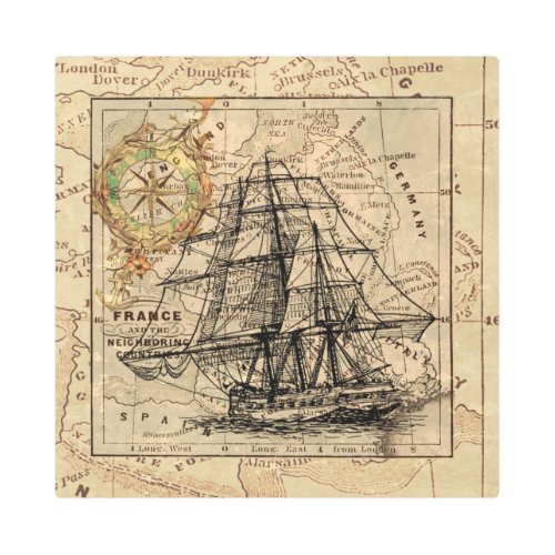 Vintage Sailing Ship and Old European Map Metal Print