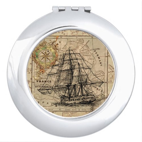 Vintage Sailing Ship and Old European Map Mirror For Makeup