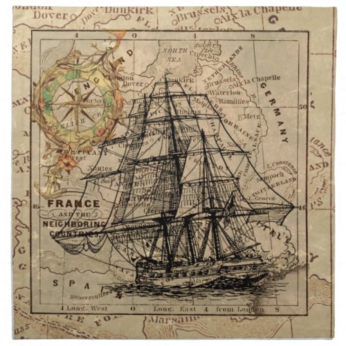 Vintage Sailing Ship and Old European Map Napkin
