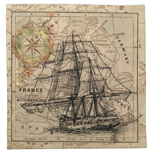 Vintage Sailing Ship and Old European Map Napkin