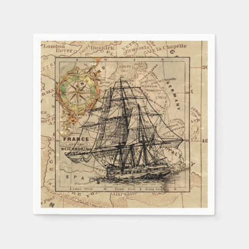 Vintage Sailing Ship and Old European Map Napkins