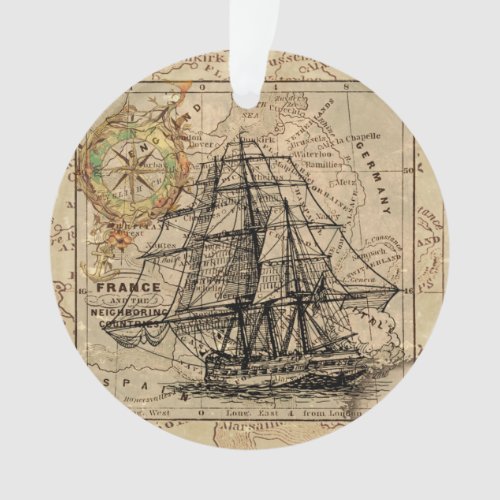 Vintage Sailing Ship and Old European Map Ornament