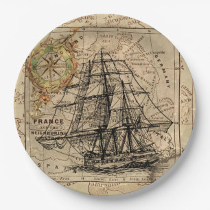 Vintage Sailing Ship and Old European Map Paper Plates