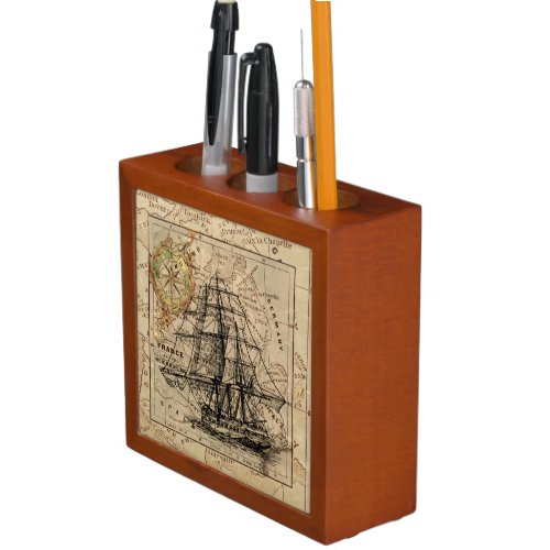 Vintage Sailing Ship and Old European Map Pencil Holder