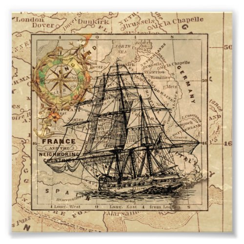 Vintage Sailing Ship and Old European Map Photo Print