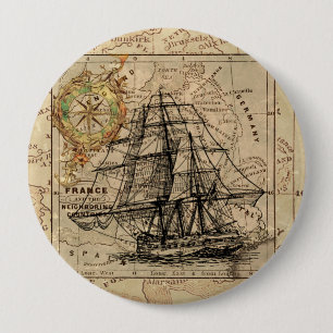 Vintage Sailing Ship and Old European Map Pinback Button