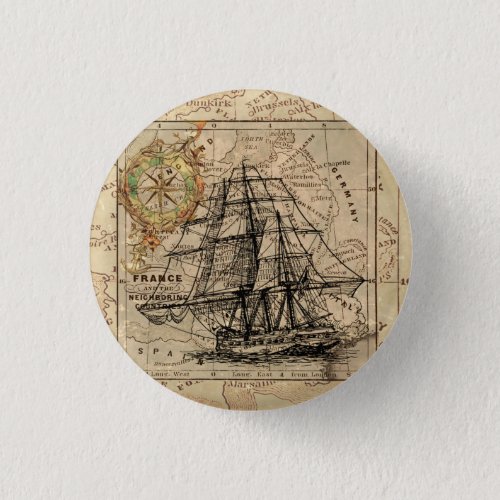 Vintage Sailing Ship and Old European Map Pinback Button