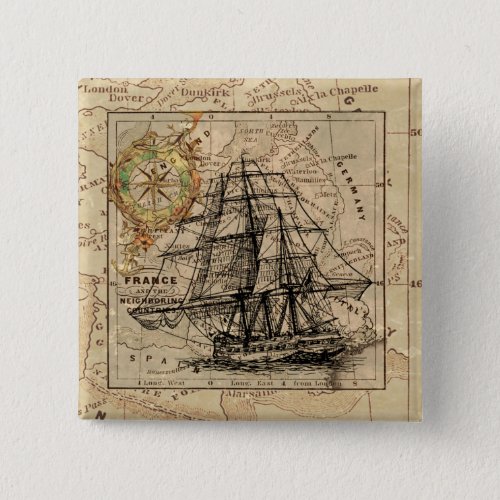 Vintage Sailing Ship and Old European Map Pinback Button