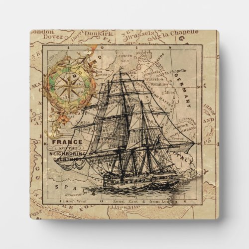 Vintage Sailing Ship and Old European Map Plaque