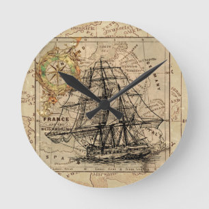 Vintage Sailing Ship and Old European Map Round Clock