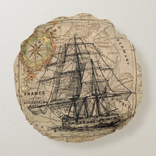 Vintage Sailing Ship and Old European Map Round Pillow