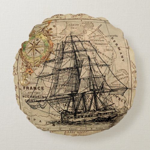 Vintage Sailing Ship and Old European Map Round Pillow