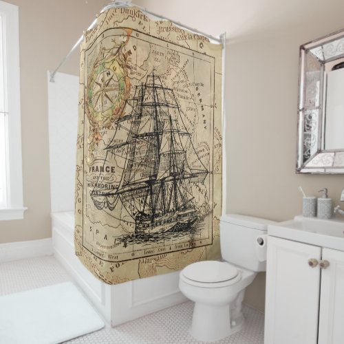 Vintage Sailing Ship and Old European Map Shower Curtain