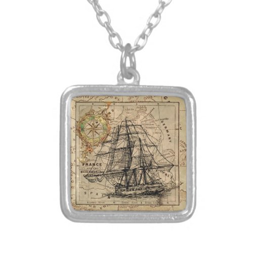 Vintage Sailing Ship and Old European Map Silver Plated Necklace
