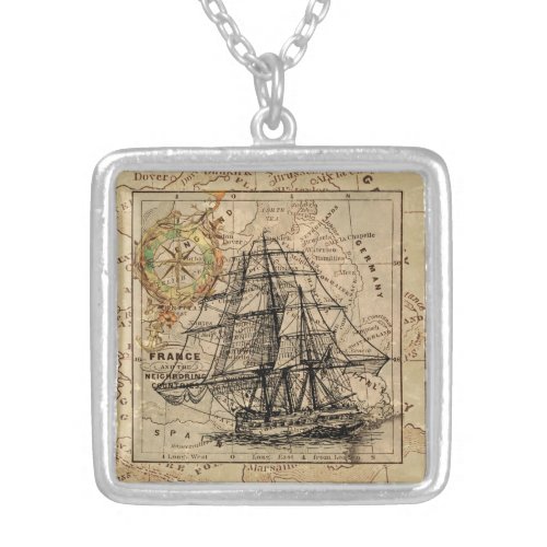 Vintage Sailing Ship and Old European Map Silver Plated Necklace