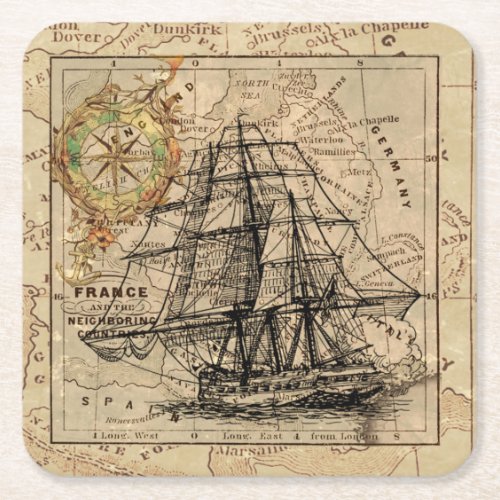 Vintage Sailing Ship and Old European Map Square Paper Coaster
