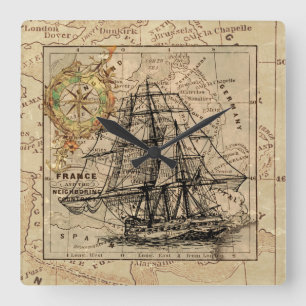 Vintage Sailing Ship and Old European Map Square Wall Clock
