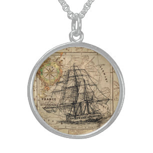 Vintage Sailing Ship and Old European Map Sterling Silver Necklace