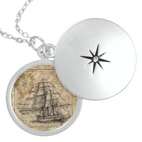 Vintage Sailing Ship and Old European Map Sterling Silver Necklace