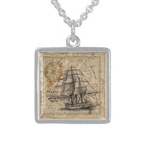 Vintage Sailing Ship and Old European Map Sterling Silver Necklace