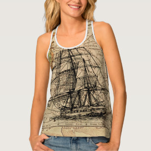 Vintage Sailing Ship and Old European Map Tank Top
