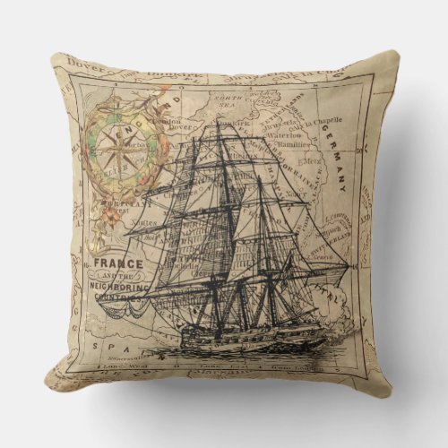 Vintage Sailing Ship and Old European Map Throw Pillow