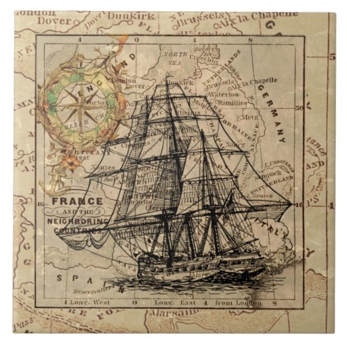 Vintage Sailing Ship and Old European Map Tile