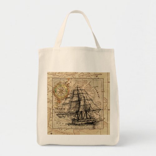 Vintage Sailing Ship and Old European Map Tote Bag