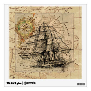 Vintage Sailing Ship and Old European Map Wall Sticker