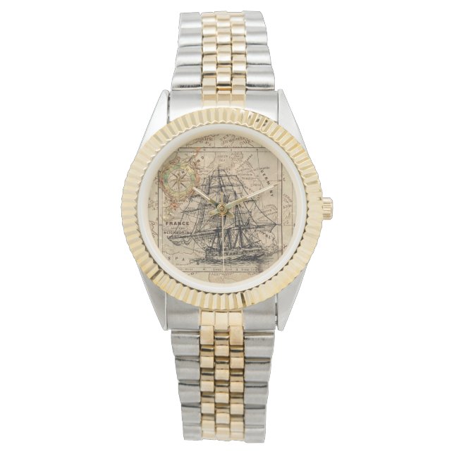Vintage Sailing Ship and Old European Map Watch (Front)