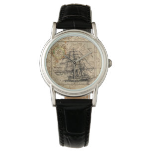 Vintage Sailing Ship and Old European Map Watch