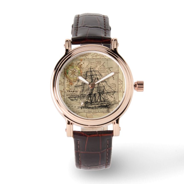 Vintage Sailing Ship and Old European Map Watch (Front)