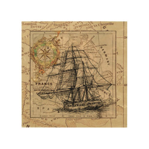 Vintage Sailing Ship and Old European Map Wood Wall Art