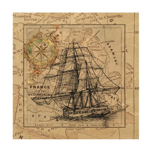 Vintage Sailing Ship and Old European Map Wood Wall Decor