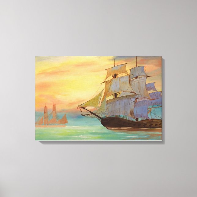 Vintage Sailing Ship at Sunset Nautical Wall Art (Front)