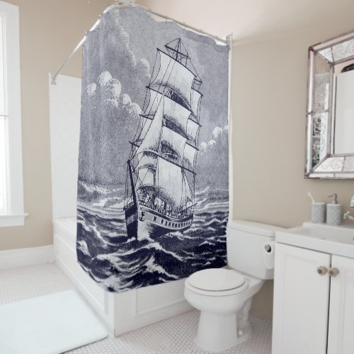 Vintage Sailing Ship Drawing Navy Black Coastal Shower Curtain