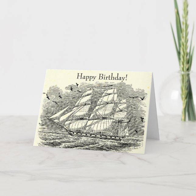 Vintage Sailing Ship Engraving Birthday Card (Front)