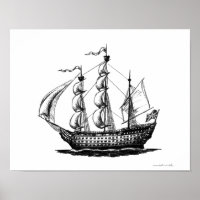Vintage sailing ship ink pen drawing art poster