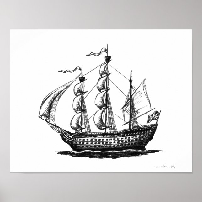 Vintage sailing ship ink pen drawing art poster (Front)