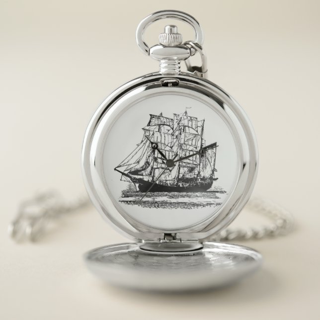 Vintage Sailing Ship Line Drawing Sailboat Pocket Watch (Inside)