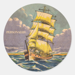 Vintage Sailing Ship Nautical Drawing Cool Coastal Classic Round Sticker