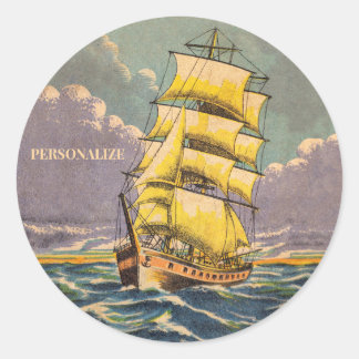 Vintage Sailing Ship Nautical Drawing Cool Coastal Classic Round Sticker