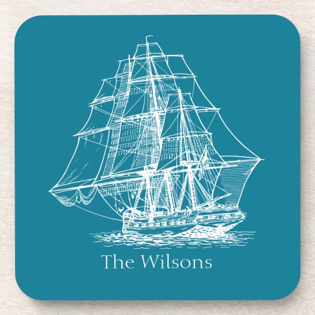 Vintage Sailing Ship Nautical Personalized Beverage Coaster (Front)