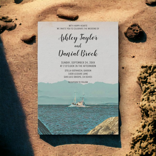 Vintage sailing ship navy destination wedding invitation (Creator Uploaded)