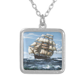 Vintage Sailing ships Silver Plated Necklace
