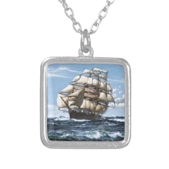 Vintage Sailing ships Silver Plated Necklace (Front)
