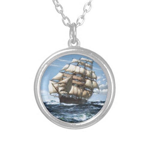 Vintage Sailing ships Silver Plated Necklace