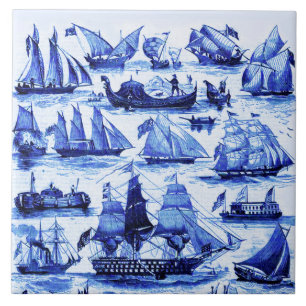 VINTAGE SAILING VESSELS,SHIPS,Navy Blue Nautical Ceramic Tile